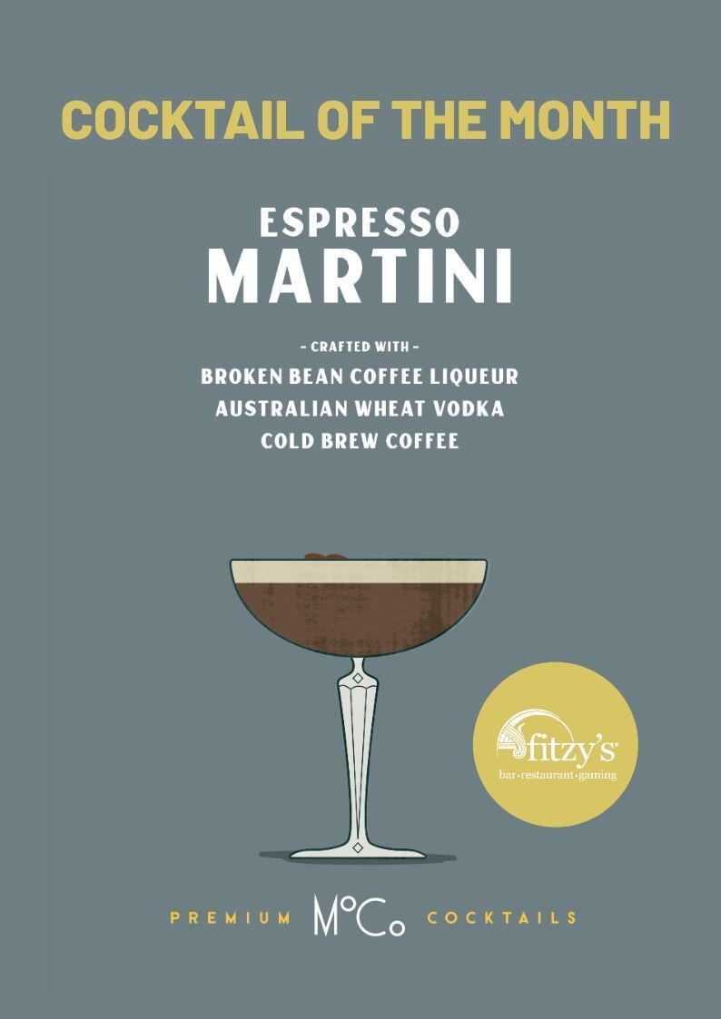 A poster for a cocktail of the month called espresso martini