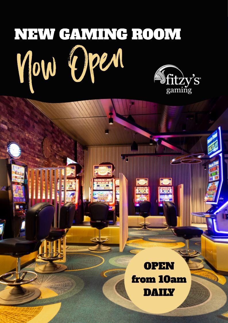 A poster for a new gaming room that is now open