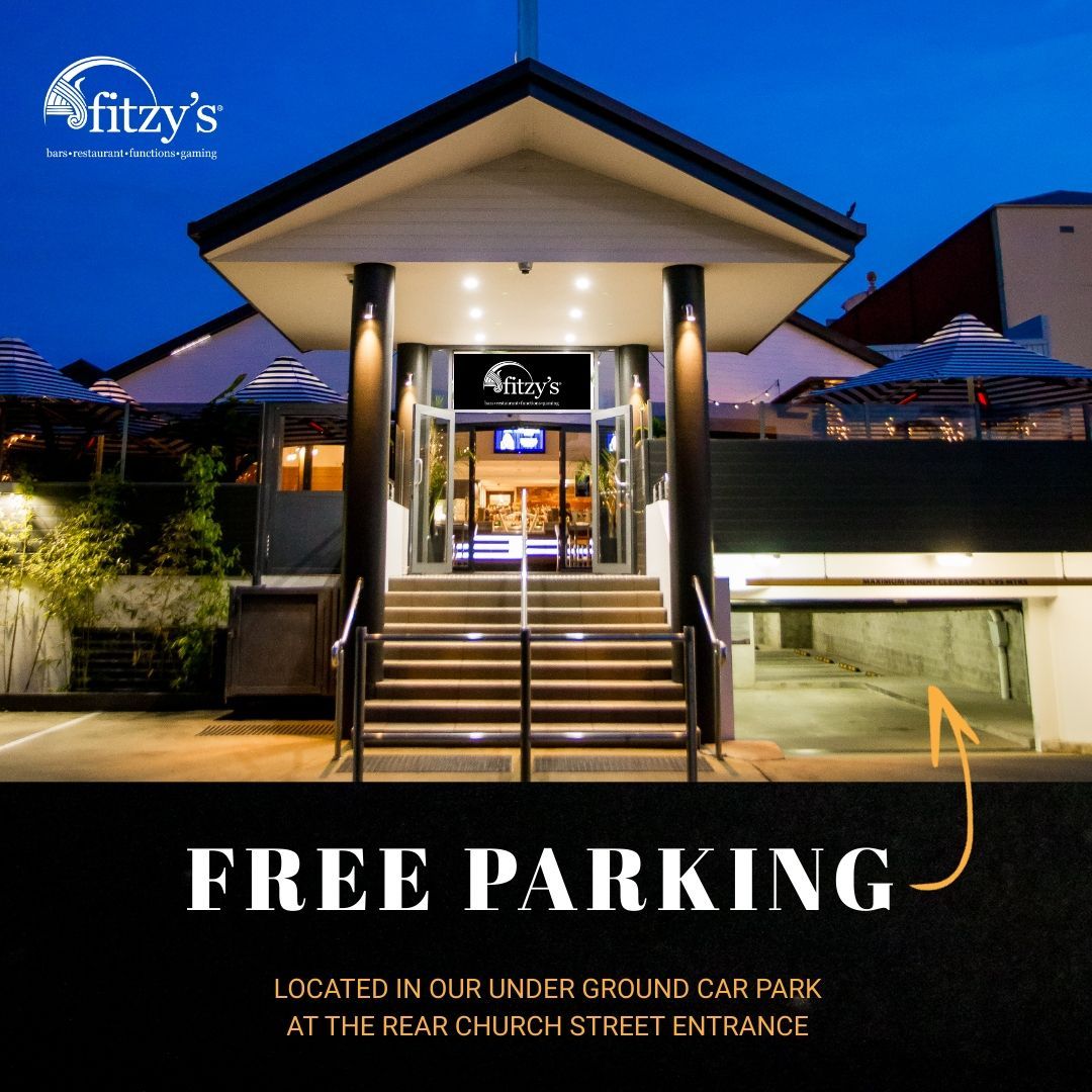 An advertisement for fitzy 's restaurant which offers free parking