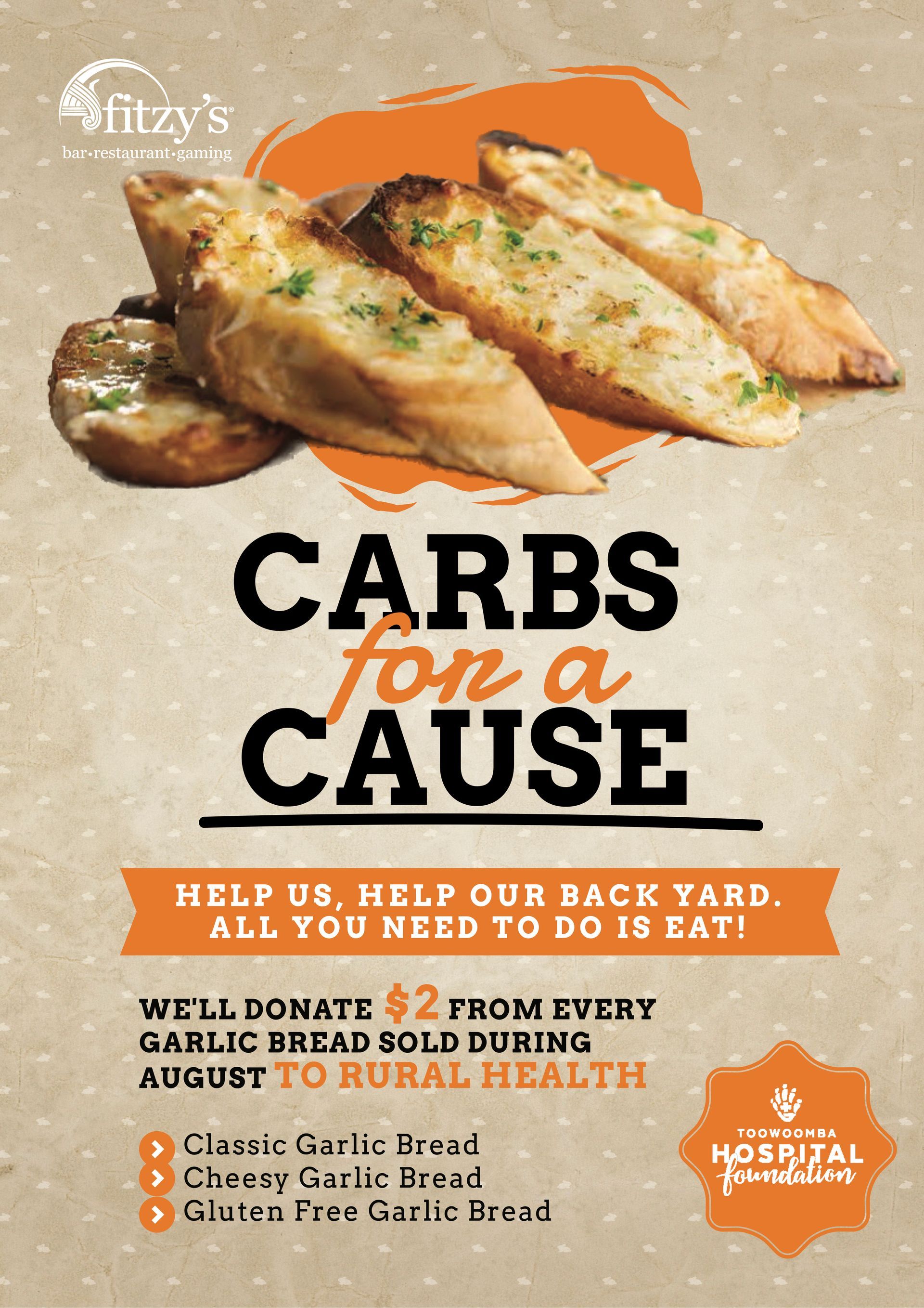 A poster for a restaurant that says carbs for a cause