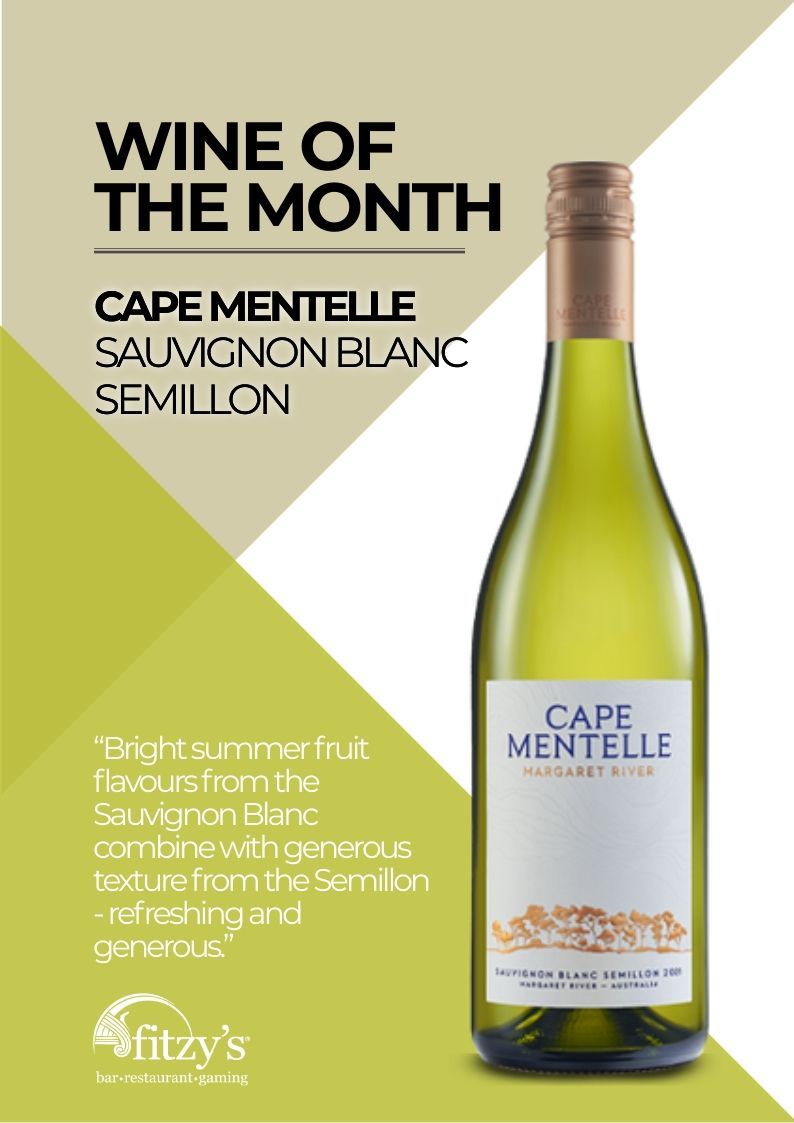 A bottle of wine is on a poster that says wine of the month.