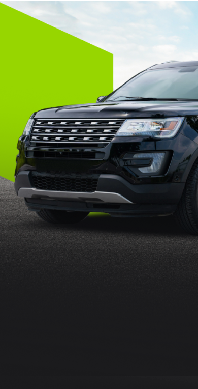 Black SUV front view on a dark background with a bright green geometric accent. | Orem's Garage