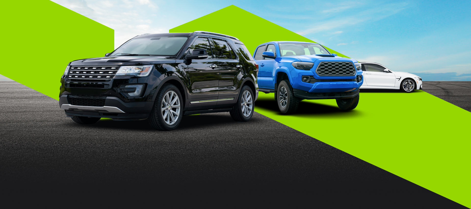 Three SUVs in black, blue, and white on a bright green and black background | Orem's Garage