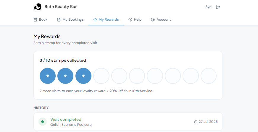 Progress dashboard with three blue completed circles and several empty circles under “My Rewards”