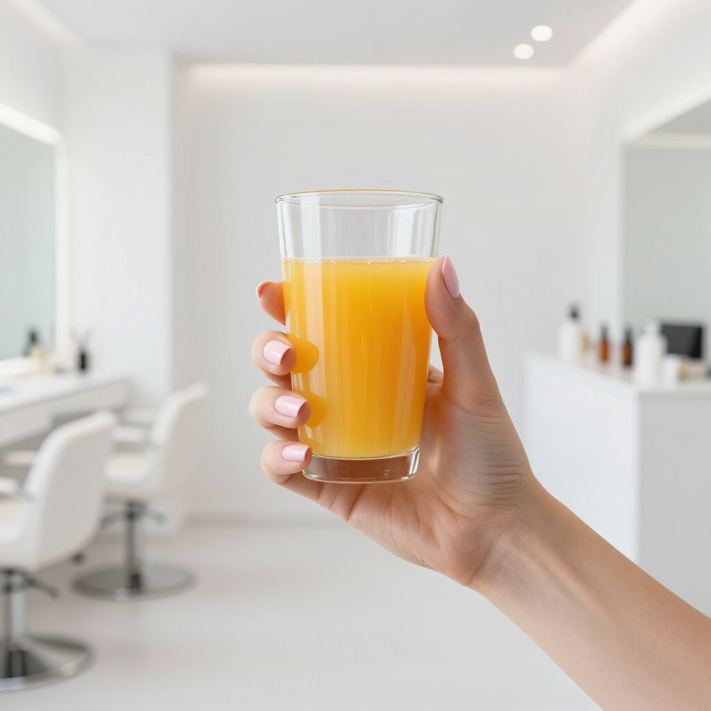Hand holding a glass of orange juice in a bright modern room
