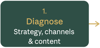 Green rounded box labeled “1 Diagnose” with “Strategy, channels & content” and a right-pointing arrow.