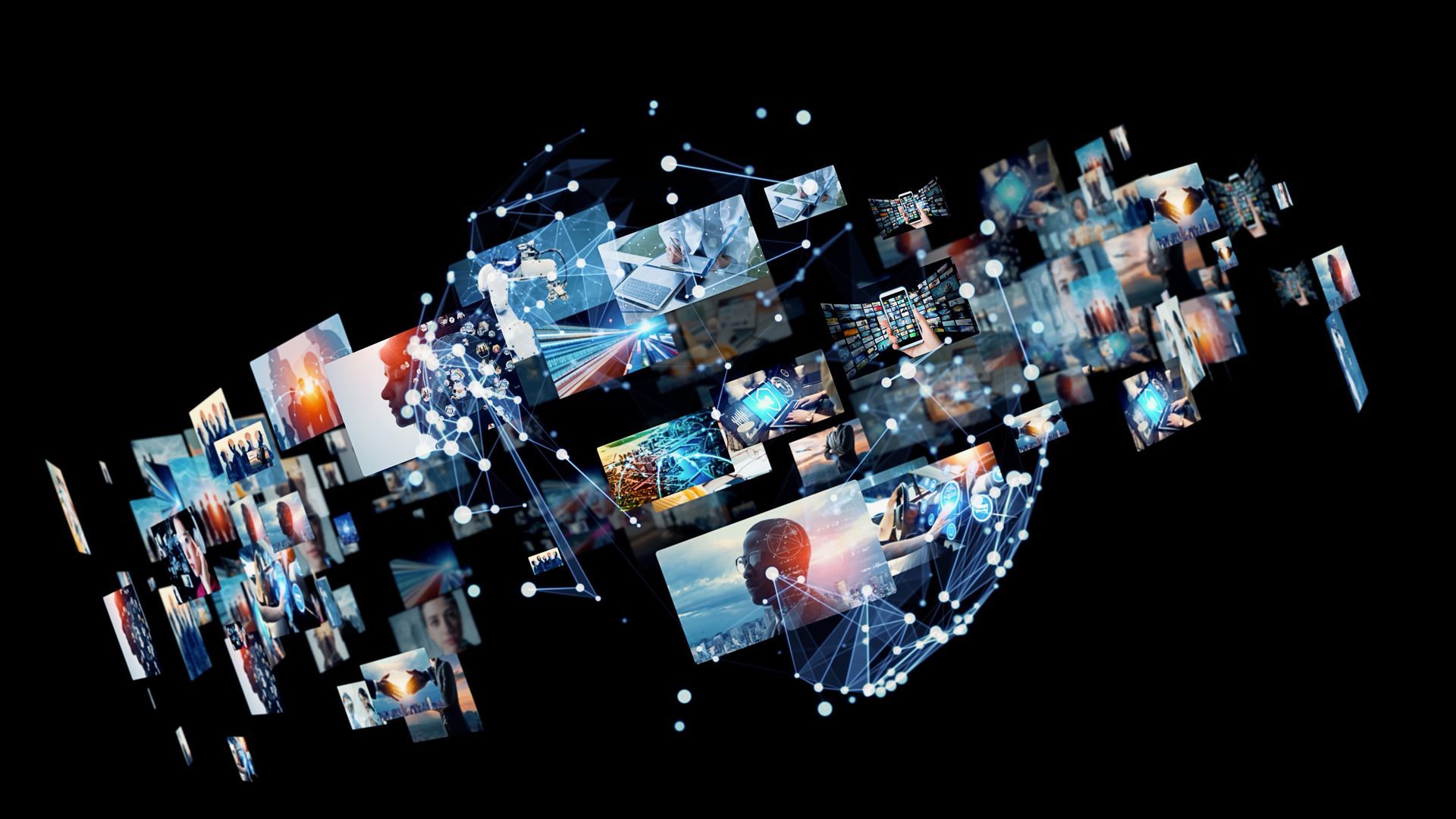 A digital globe made of floating photo and video thumbnails on a black background.