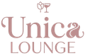 Logo per Unica Louge, ristorante e lounge bar, caratterizzato da un'icona stilizzata sopra un elegante testo rosa tenue.