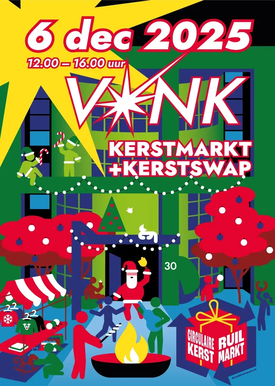 Poster voor een kerstmarkt en ruilbeurs op 6 december 2025, van 12:00 tot 16:00 uur. Inclusief feestelijke illustraties en tekst.