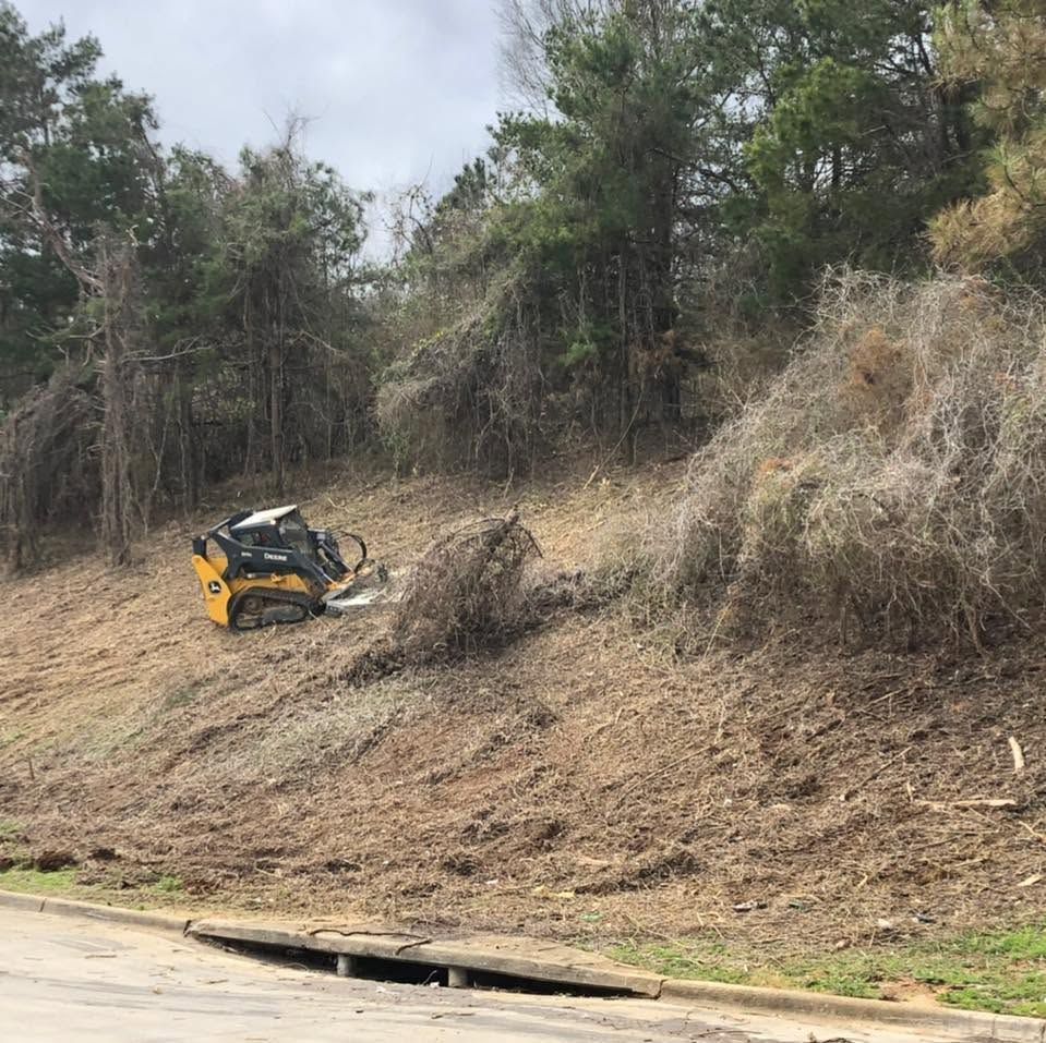Yellow skid steer clearing a dry hillside with brush and trees in the background