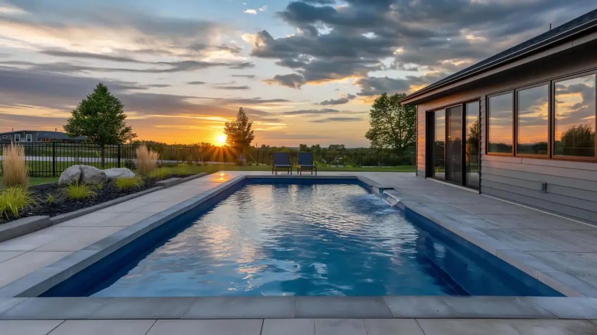 Modern backyard pool at sunset with a house on the right and cloudy sky reflecting on the water