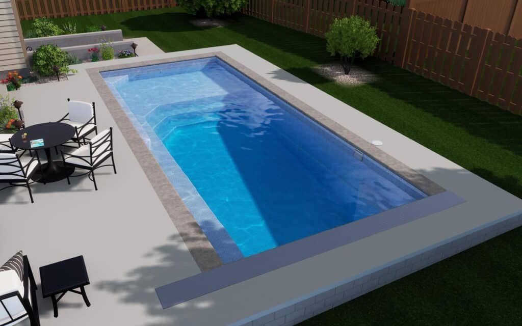 Backyard swimming pool with blue water, patio chairs, and a wooden fence