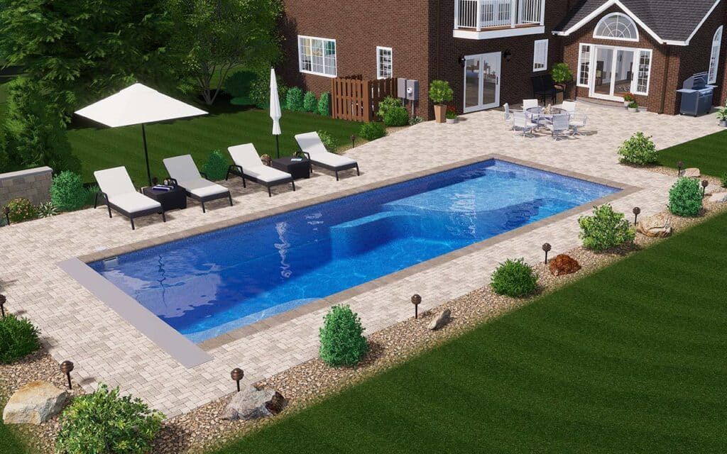 Backyard pool with lounge chairs, umbrella, and brick patio beside a house