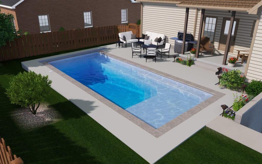 Backyard patio with a rectangular blue swimming pool beside outdoor dining furniture and brick house