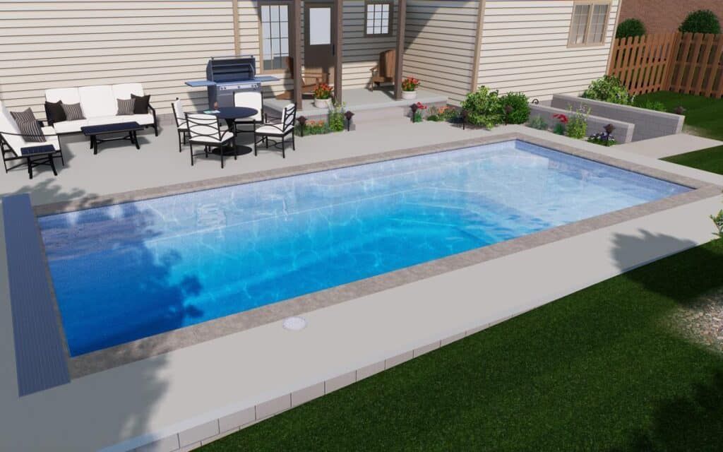 Backyard pool with blue water, patio seating, and landscaped garden beside a house