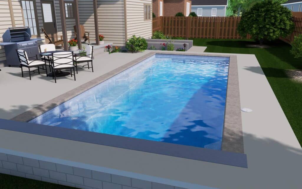 Backyard with a rectangular pool, patio chairs, and a wooden fence in the background