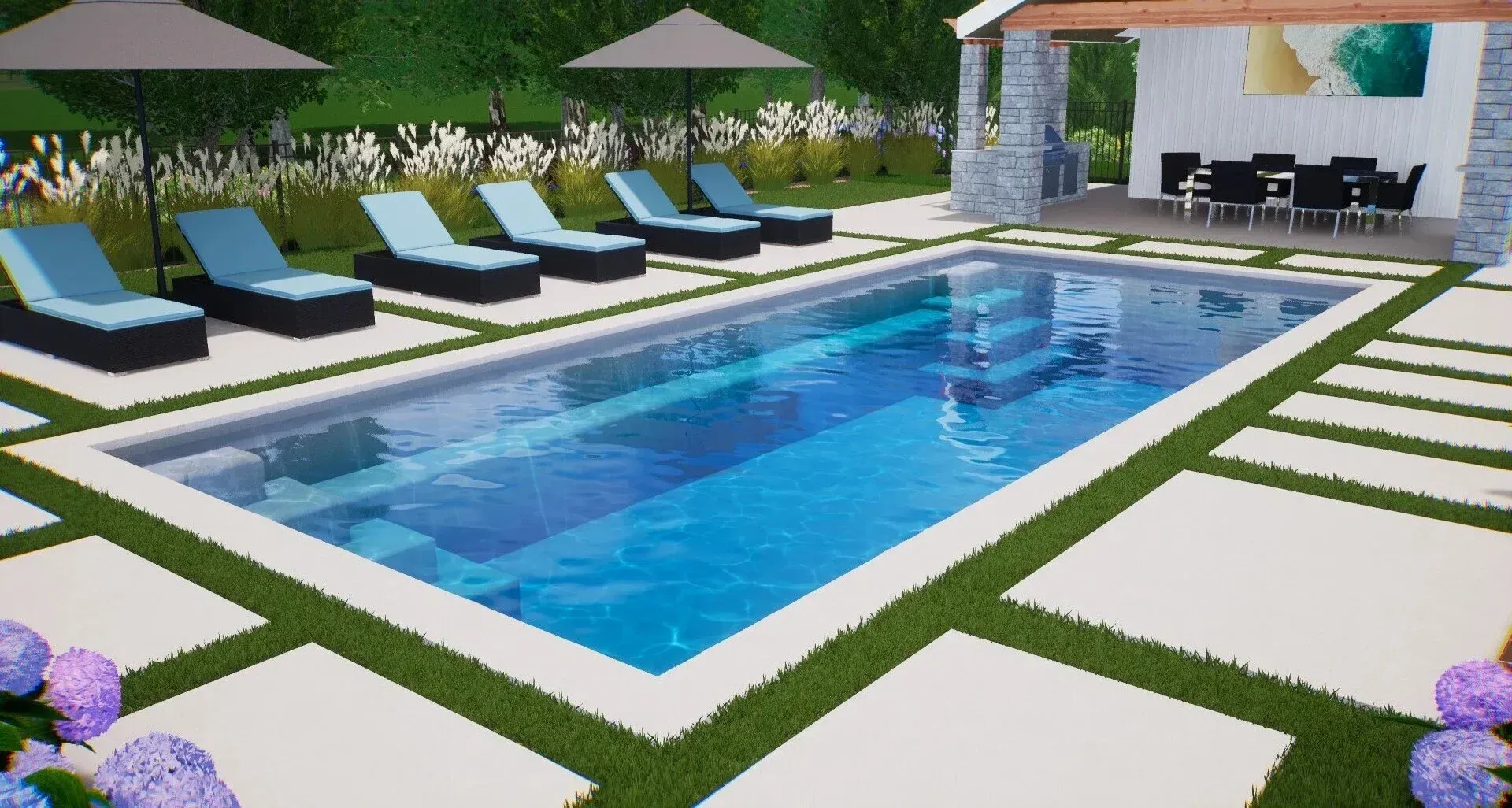 Modern backyard pool with blue water, lounge chairs, umbrellas, and stone patio accents