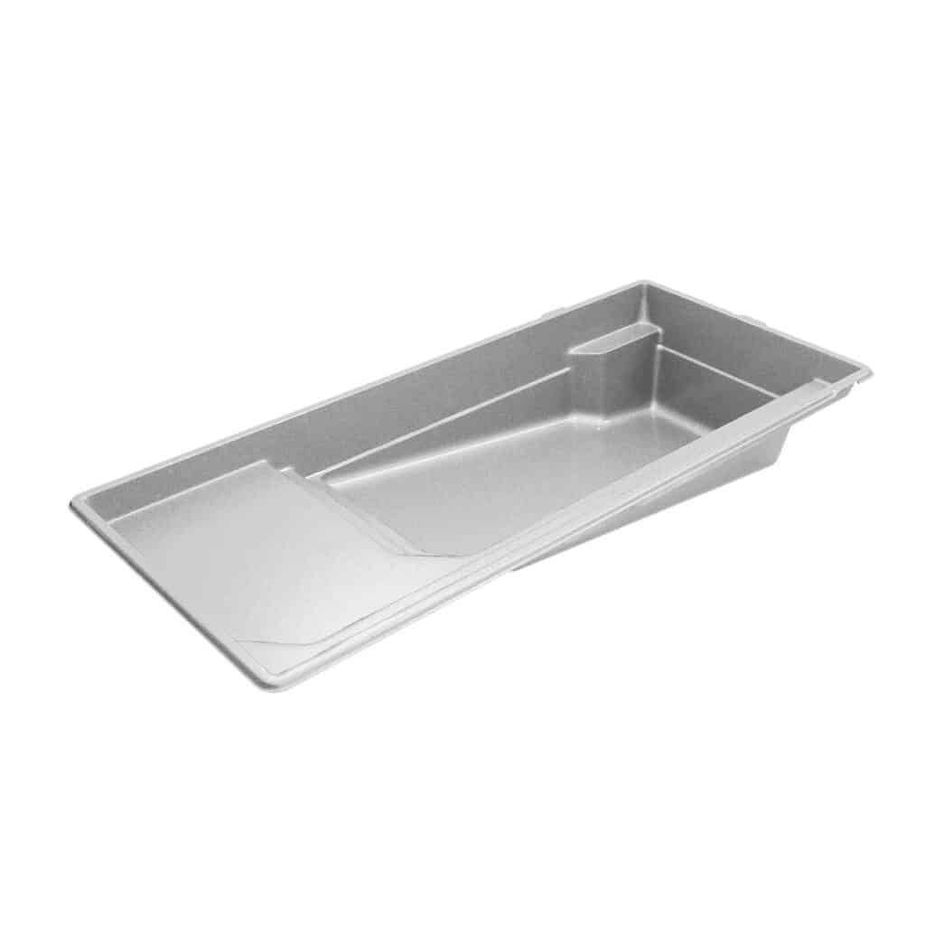 Silver rectangular baking pan with a sloped side and shallow compartment