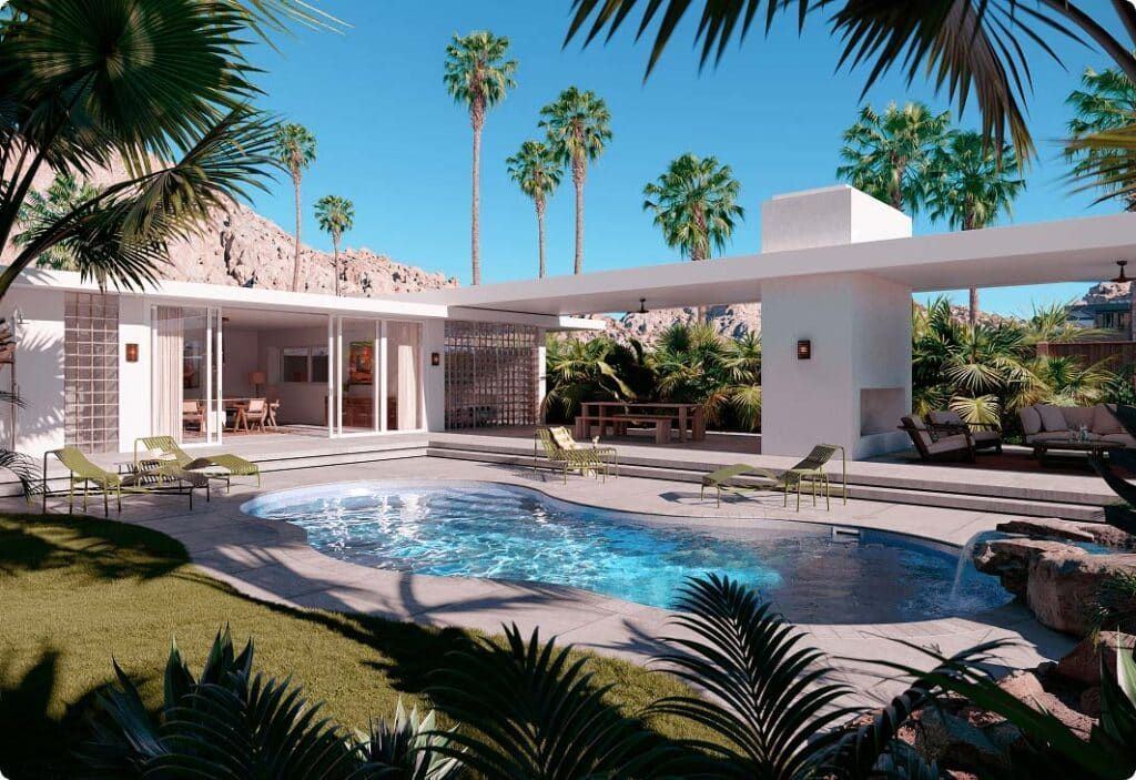 Luxury backyard with pool, palm trees, lounge chairs, and a white modern house in bright sunlight