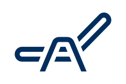 Blue stylized “CA” logo with a diagonal line on a white background
