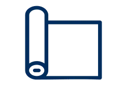 Blue outline icon of a rolled mat or scroll beside a square panel
