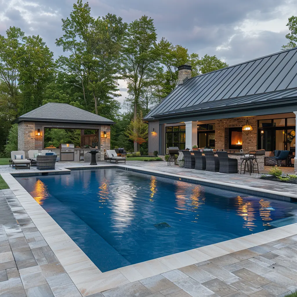 Modern backyard pool patio with lounge seating, pavilion, and house at dusk