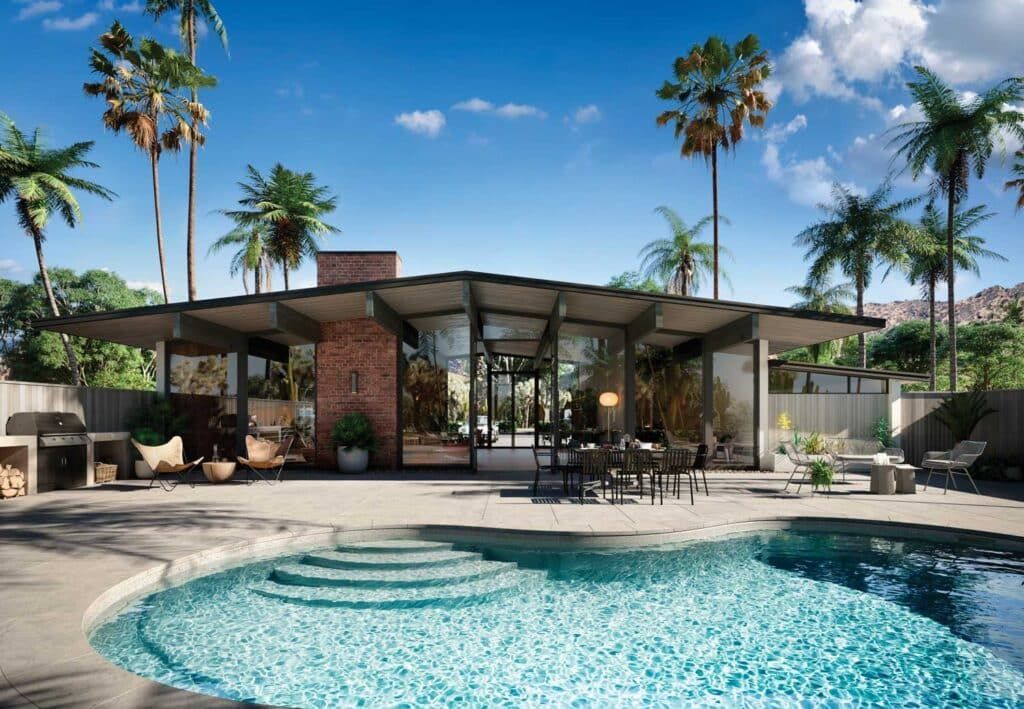 Modern backyard patio with pool, lounge chairs, and palm trees under a clear blue sky