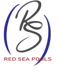 Red Sea Pools logo with stylized black and blue letters and red text on white background