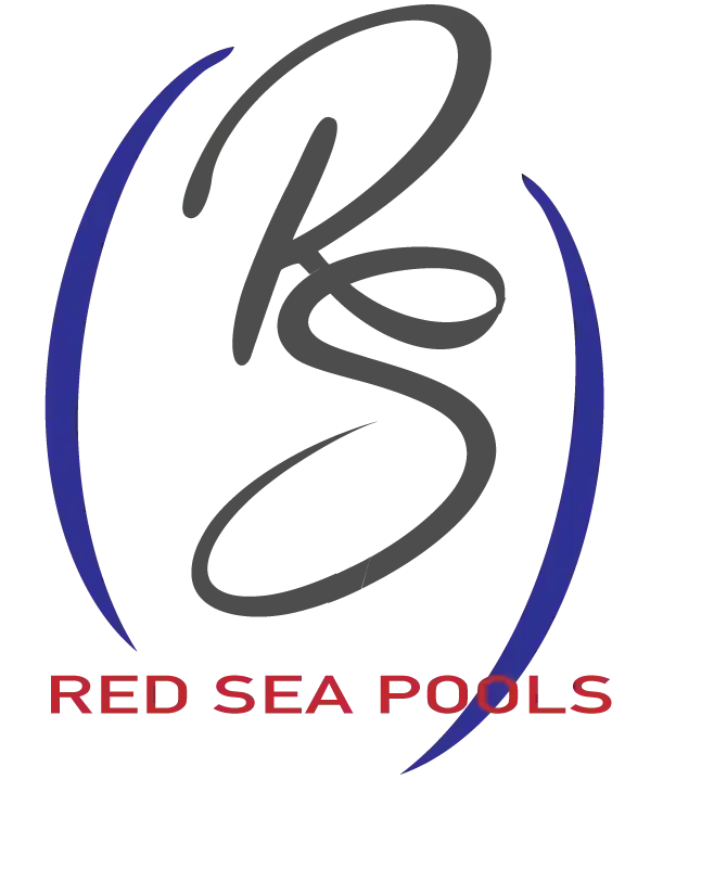 Red Sea Pools logo with stylized black and blue letters and red text on white background
