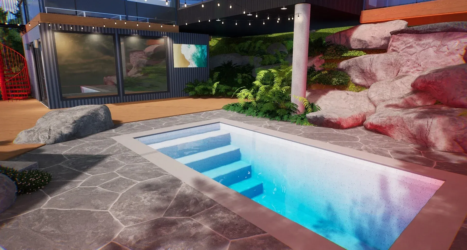 Modern backyard with a small illuminated pool, stone patio, and landscaped rocks at dusk