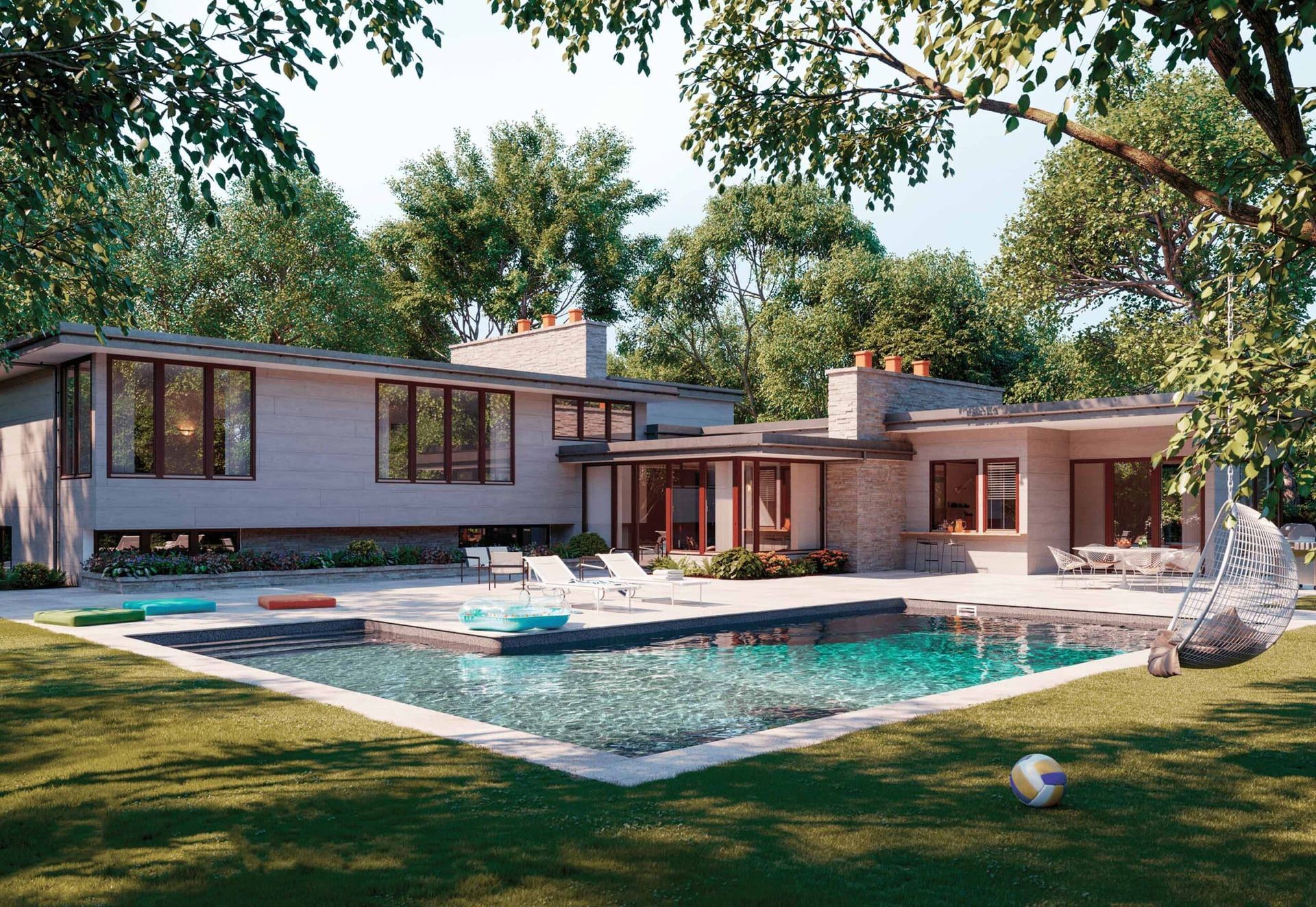 Modern house with a backyard pool, patio seating, and trees in a sunny garden