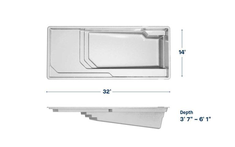White rectangular bathtub top and side view with dimensions marked 32