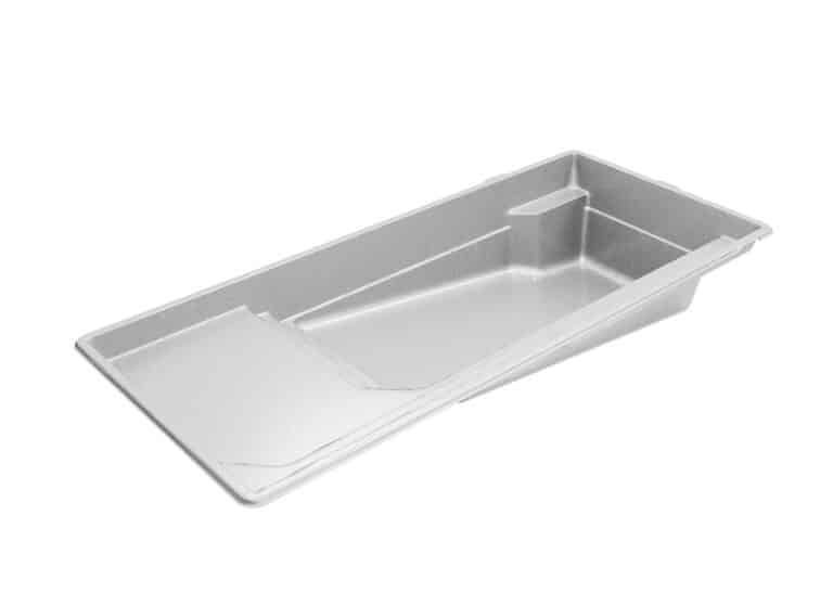 Shallow rectangular aluminum tray with sloped ramp and raised sides
