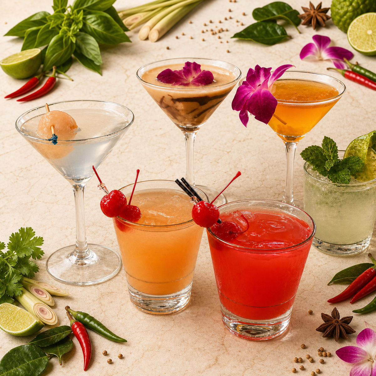Thai cocktails surrounded by herbs and orchids