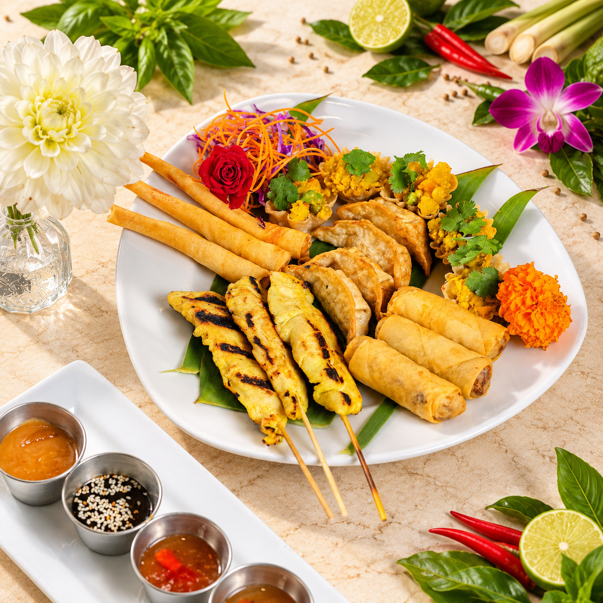 Appetizer platter with chicken satay, spring rolls, dumplings and golden cups