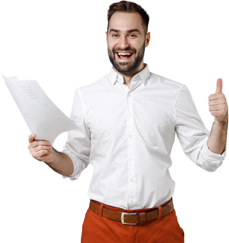 a man in a white shirt is holding a piece of paper and giving a thumbs up