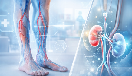 Gambe con le vene evidenziate, accanto a un'illustrazione medica dei reni.