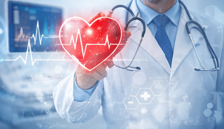 Medico che tiene in mano un cuore luminoso con una linea ECG sovrapposta. Ambiente medico, stetoscopio visibile.