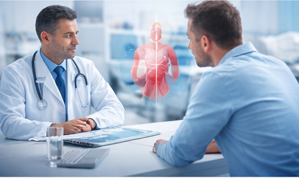 Un medico in camice bianco consulta un paziente seduto alla scrivania. Sullo sfondo è visibile la scansione anatomica del corpo.