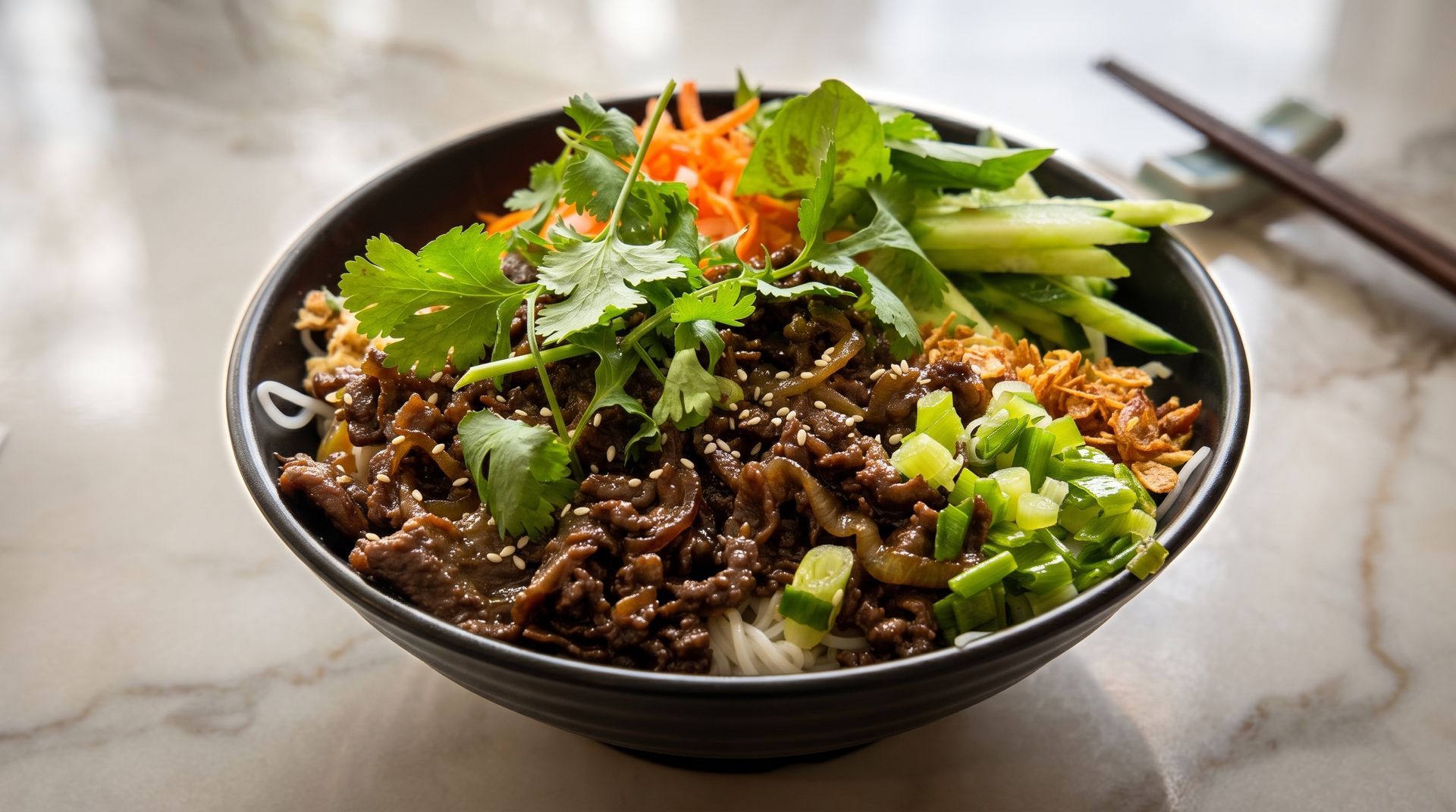 Black bowl of stir-fried noodles topped with greens and herbs on a marble table, with chopsticks nearby