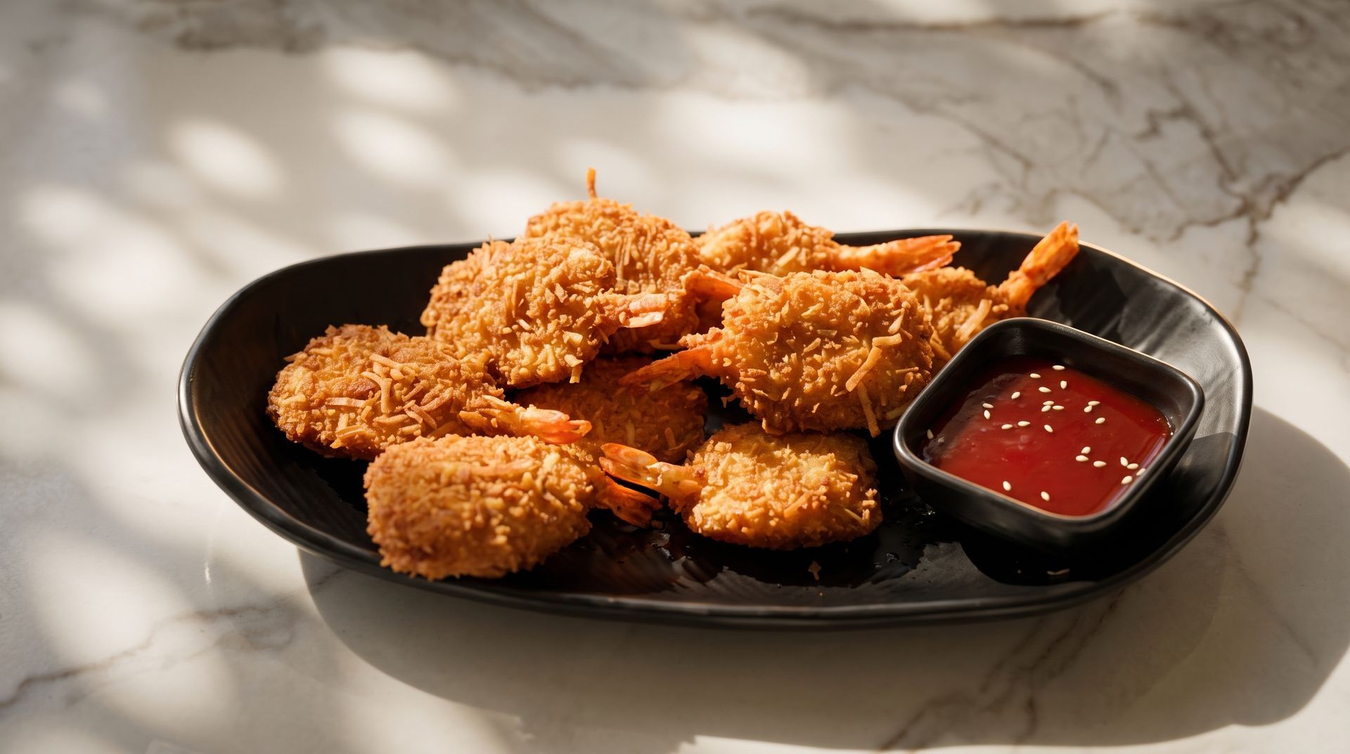 Plate of crispy fried chicken wings with red dipping sauce on a black platter.