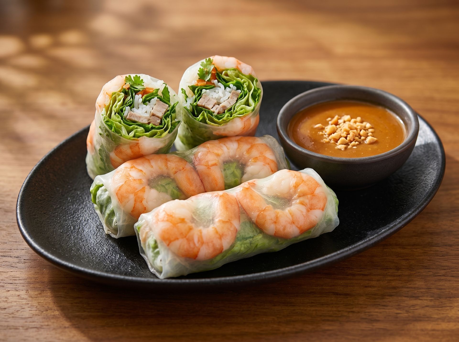 Shrimp spring rolls on a black plate with dipping sauce on a wooden table