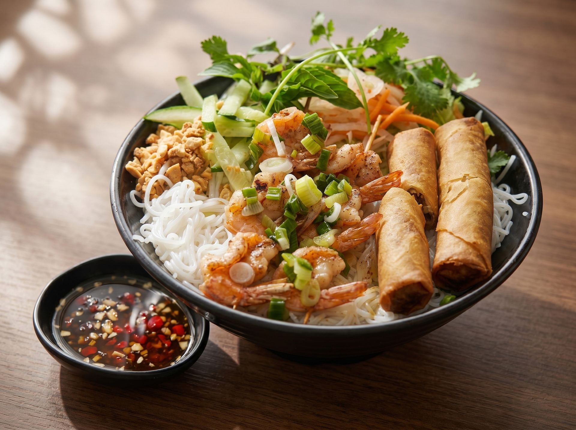 Bowl of Vietnamese noodles with spring rolls, herbs, and dipping sauce on a wooden table