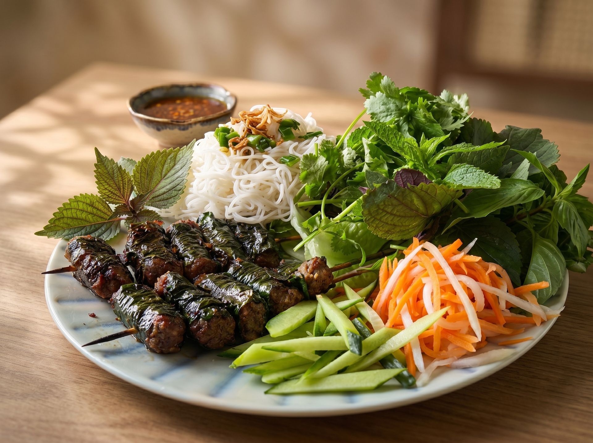 Grilled meat, rice noodles, and fresh herbs with pickled vegetables on a plate, with dipping sauce