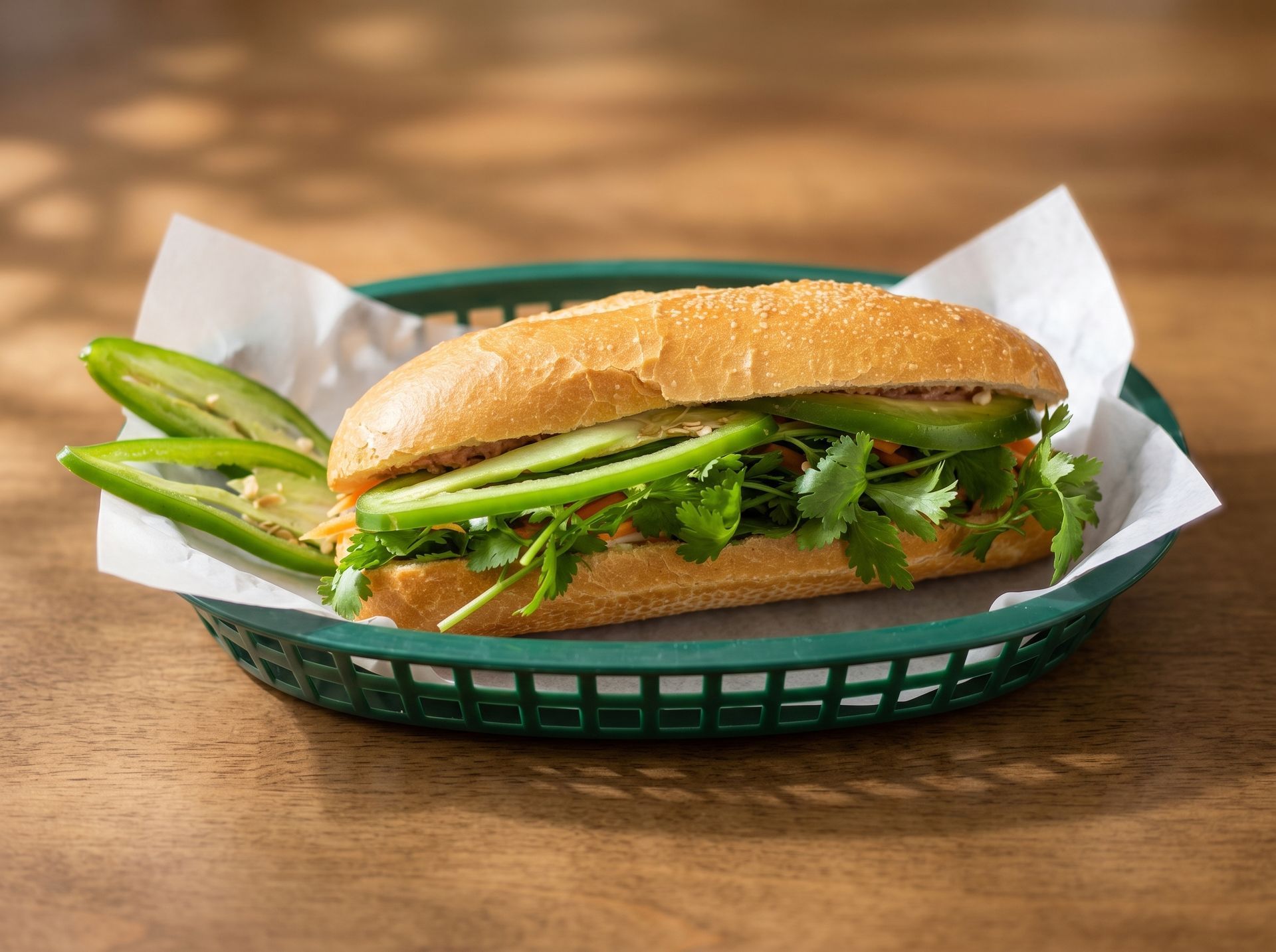 Sub sandwich with green vegetables and crispy fries in a basket on a wooden table