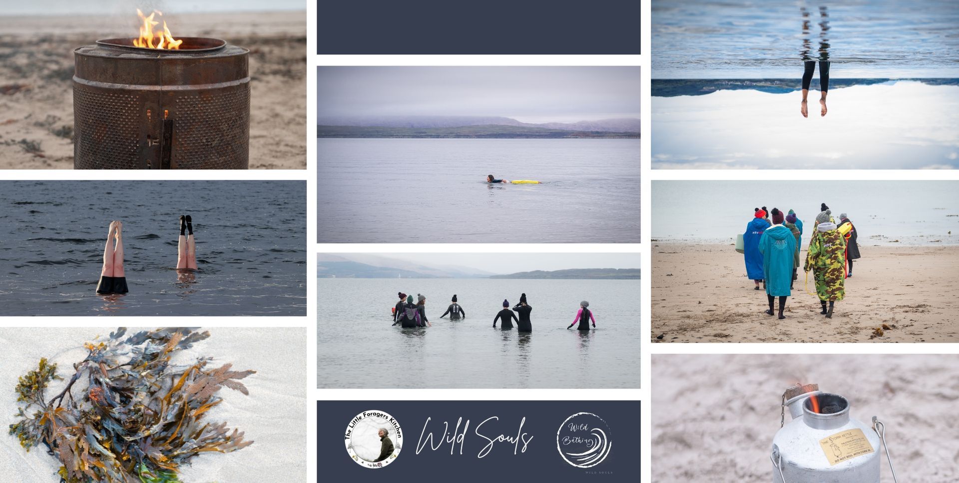 Various images of time at the beach. Sea swims, fire-pit. Seaweed, sand, water