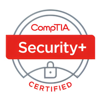 The comptia security + certified logo is on a white background.