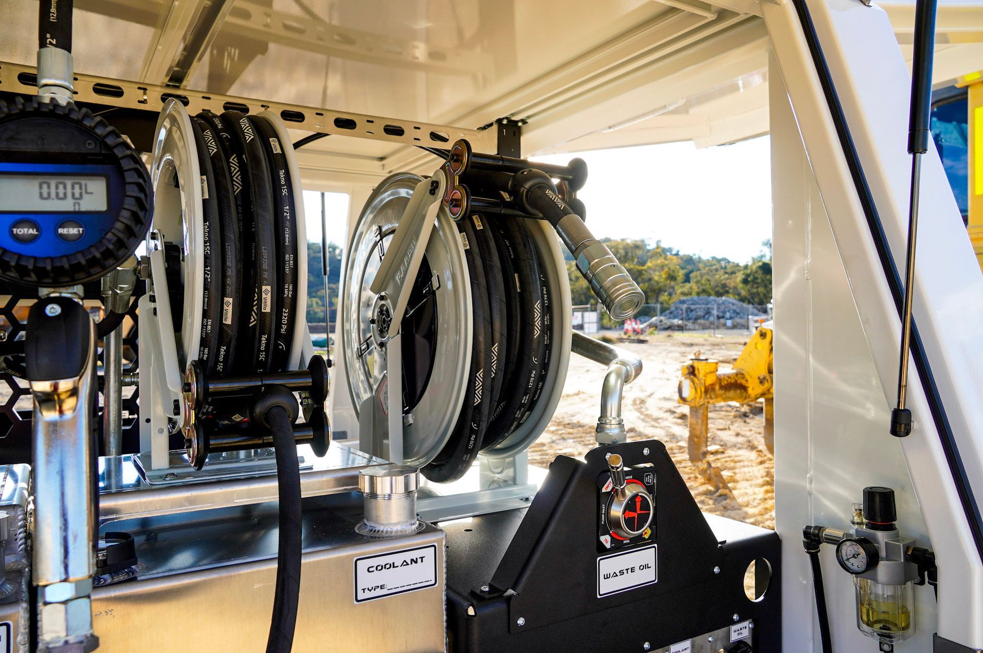 Aflo waste Oil Hose Reel installed in australian made service trailer by ox trailers for mine site repairs.