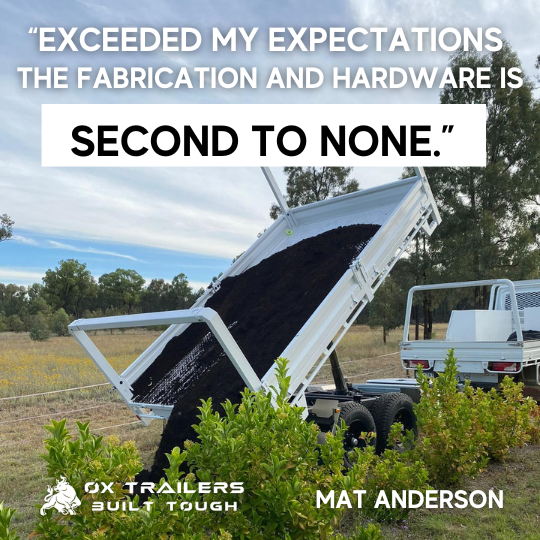 3.5t ox trailers built rear tipper trailer on construction site, Mat Anderson describes fabrication and hardware to be second to none.