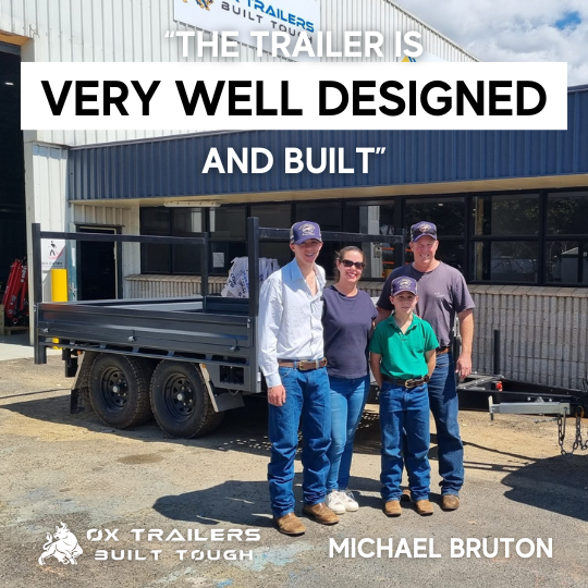 Michael Bruton and his family with his 3.5t tipper trailer, praised to be very well designed by ox trailers